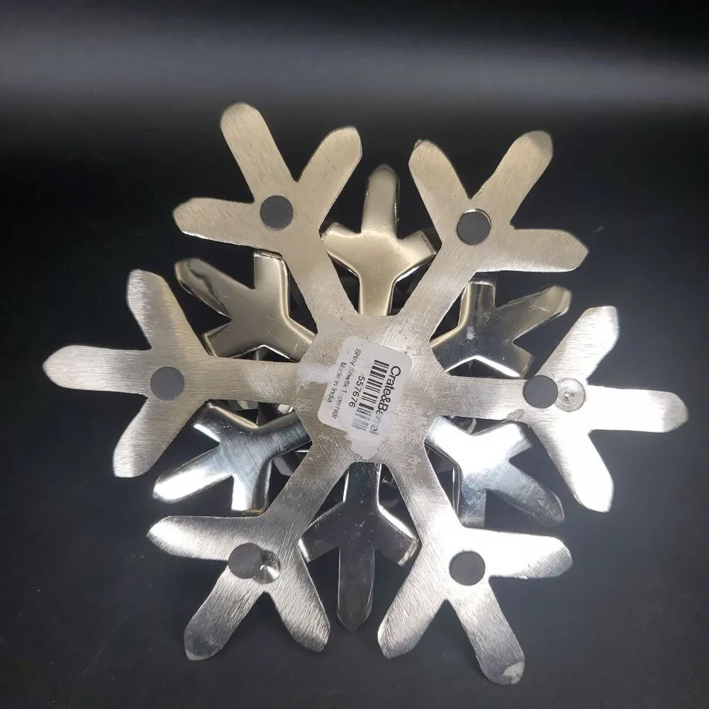 Crate & Barrel Silver Snowflake Taper Candle Holder Shiny Metal Decor